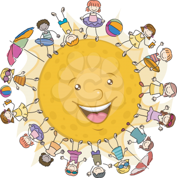 Royalty Free Clipart Image of Children Around the Sun