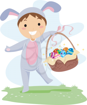 Royalty Free Clipart Image of a Children in a Bunny Costume on an Easter Egg Hunt