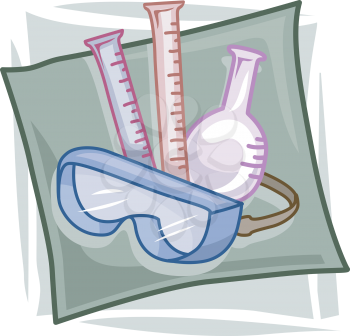 Royalty Free Clipart Image of Beakers, Test Tubes and Goggles