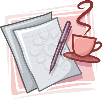 Royalty Free Clipart Image of a Writing Pad, Pen and Teacup