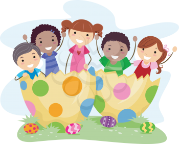 Royalty Free Clipart Image of Children in Giant Eggshells