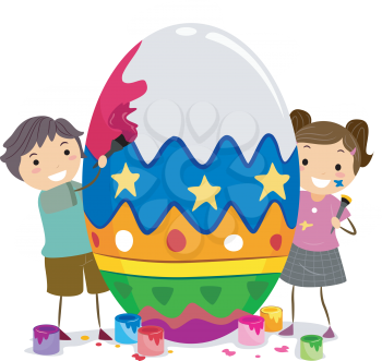 Royalty Free Clipart Image of Children Painting a Large Easter Egg