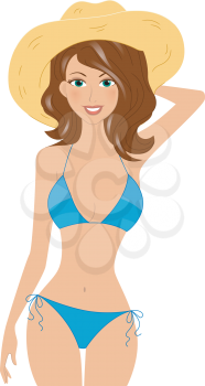 Royalty Free Clipart Image of a Girl in a Bikini and Straw Hat