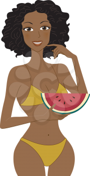Royalty Free Clipart Image of a Woman in a Bikini Eating a Watermelon
