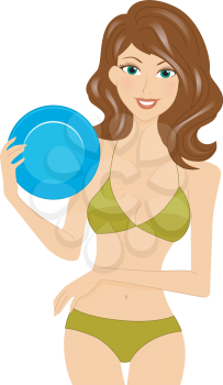 Royalty Free Clipart Image of a Girl in a Bathing Suit Holding a Flying Disc