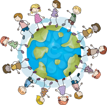 Royalty Free Clipart Image of Kids Walking Around a Globe