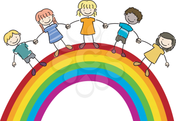 Royalty Free Clipart Image of Children Holding Hands on a Rainbow