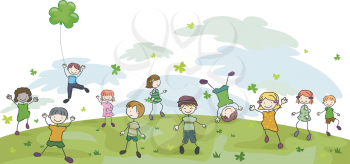 Royalty Free Clipart Image of Children Playing With Shamrocks