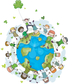 Royalty Free Clipart Image of Children on the Globe With Shamrocks Falling on Them