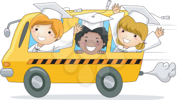 Royalty Free Clipart Image of Little Graduates in a School Bus