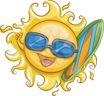 Royalty Free Clipart Image of the Sun Holding a Surfboard