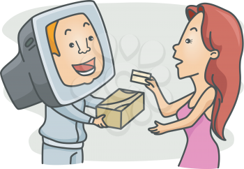 Royalty Free Clipart Image of a Cartoon Showing a Girl With a Card and a Person in a Computer