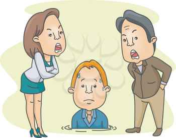 Royalty Free Clipart Image of Two People Yelling at a Man Sinking Into the Ground