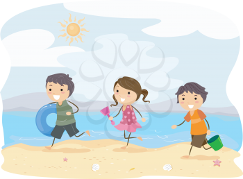 Royalty Free Clipart Image of Kids Running on the Beach