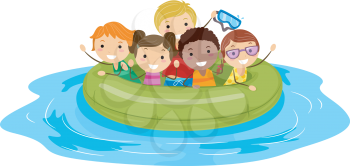 Royalty Free Clipart Image of Children in an Inflatable Boat
