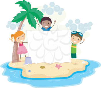 Royalty Free Clipart Image of Children Holding a Banner on an Island