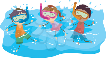 Royalty Free Clipart Image of Three Children Snorkelling