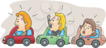 Royalty Free Clipart Image of a Traffic Jam and Angry Motorists