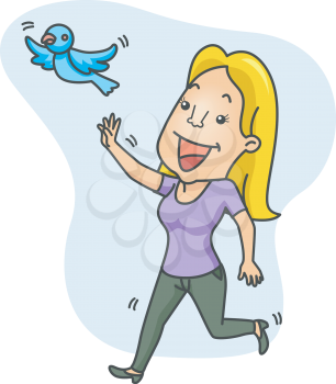 Royalty Free Clipart Image of a Girl Chasing a Bluebird