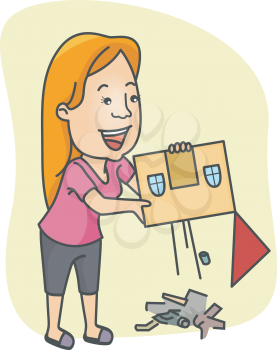Royalty Free Clipart Image of a Girl Cleaning House