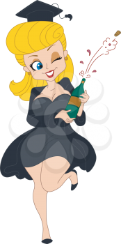 Royalty Free Clipart Image of a Pin-Up Graduate Opening Champagne