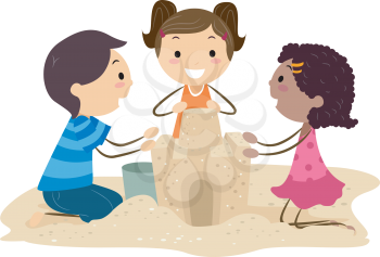 Royalty Free Clipart Image of Children Making a Sandcastle