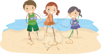Royalty Free Clipart Image of Children Drawing in the Sand