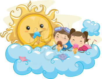 Royalty Free Clipart Image of Kids in a Cloud Eating Ice Cream With the Sun