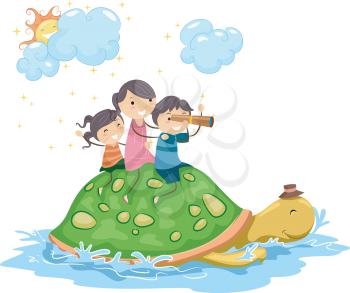 Royalty Free Clipart Image of Children on a Giant Turtle