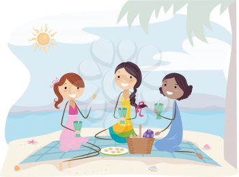 Royalty Free Clipart Image of Girls Having a Picnic on the Beach