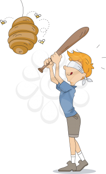 Royalty Free Clipart Image of a Blindfolded Boy With a Bat Swining at a Beehive