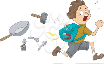 Royalty Free Clipart Image of a Boy With a Magnet in His Backpack Attracting Other Items