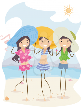 Royalty Free Clipart Image of Three Girls in Summer
