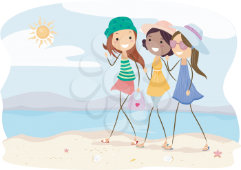 Royalty Free Clipart Image of Girls Walking on the Beach