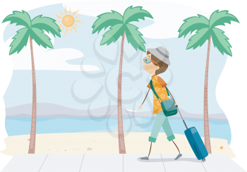 Royalty Free Clipart Image of a Man on a Beach With a Suitcase