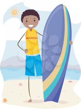 Royalty Free Clipart Image of a Boy and a Surfboard on the Beach