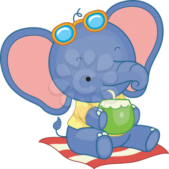 Royalty Free Clipart Image of an Elephant Having a Tropical Drink