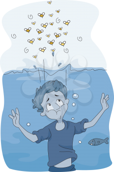 Royalty Free Clipart Image of a Boy Hiding From Bees Under Water