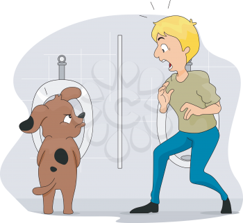 Royalty Free Clipart Image of a Dog Peeing at a Urinal