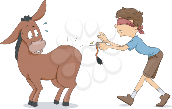 Royalty Free Clipart Image of a Boy Trying to Pin a Tail on a Donkey
