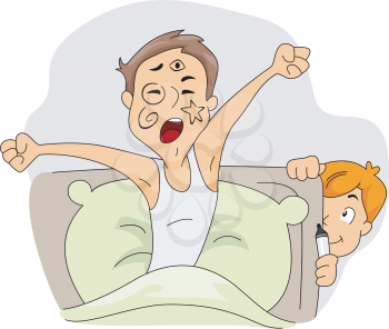 Royalty Free Clipart Image of a Man Waking Up with Drawings on His Face