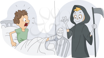 Royalty Free Clipart Image of a Person Dressed as the Grim Reaper Visiting a Person in Hospital With a Broken Leg