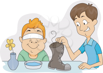 Royalty Free Clipart Image of a Boy About to Smell a Boot