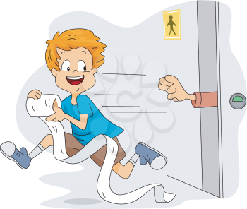 Royalty Free Clipart Image of a Child Stealing Toilet Paper Out of a Public Restroom