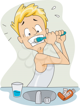 Royalty Free Clipart Image of a Man With a Toothbrush Stuck on His Teeth