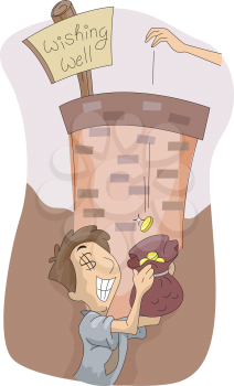 Royalty Free Clipart Image of a Man Catching Coins in a Wishing Well