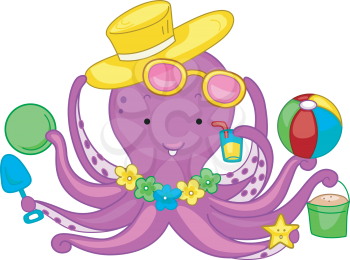 Royalty Free Clipart Image of an Octopus Ready for the Beach