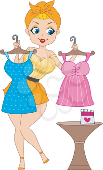 Royalty Free Clipart Image of a Pin-Up Girl Holding Dresses