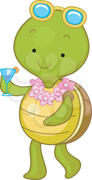 Royalty Free Clipart Image of a Turtle Enjoying a Cocktail