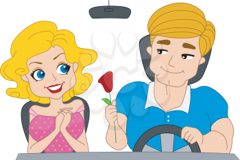 Royalty Free Clipart Image of a Pin-Up Couple in a Car